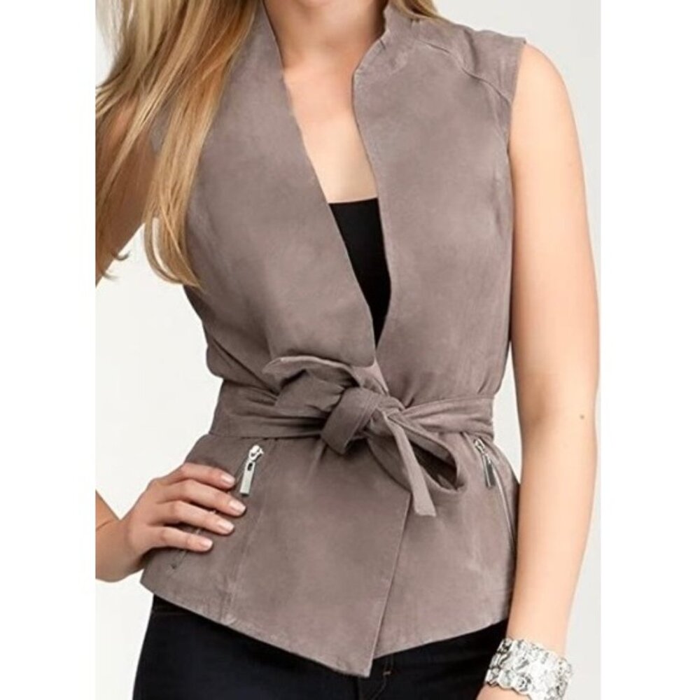 Bebe draped suede vest in gray/taupe